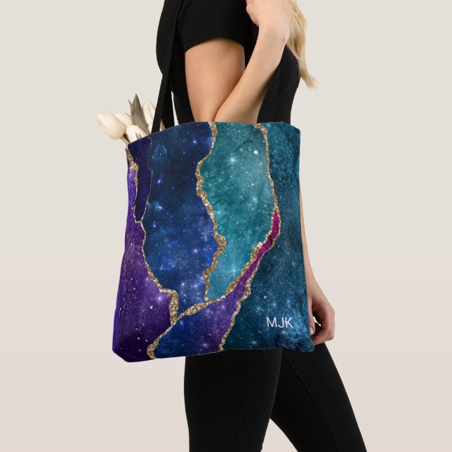 Tote Bag Blue Purple Aqua Gold Veines Agate Monogramme (De près)