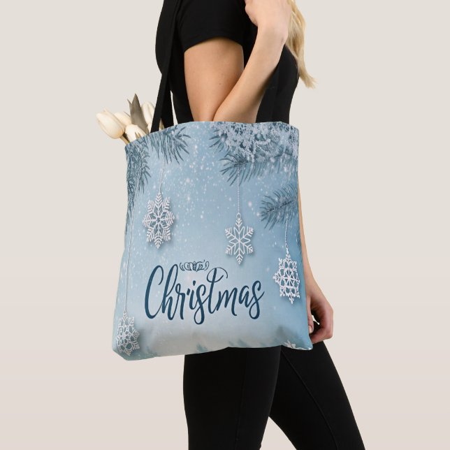 Tote Bag Blue Soft & Calm Christmas Snow Crystal Design-  (De près)