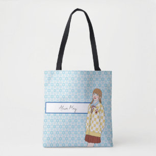 Tote Bag Blue Stars Motif avec Girl Illustration modifiable