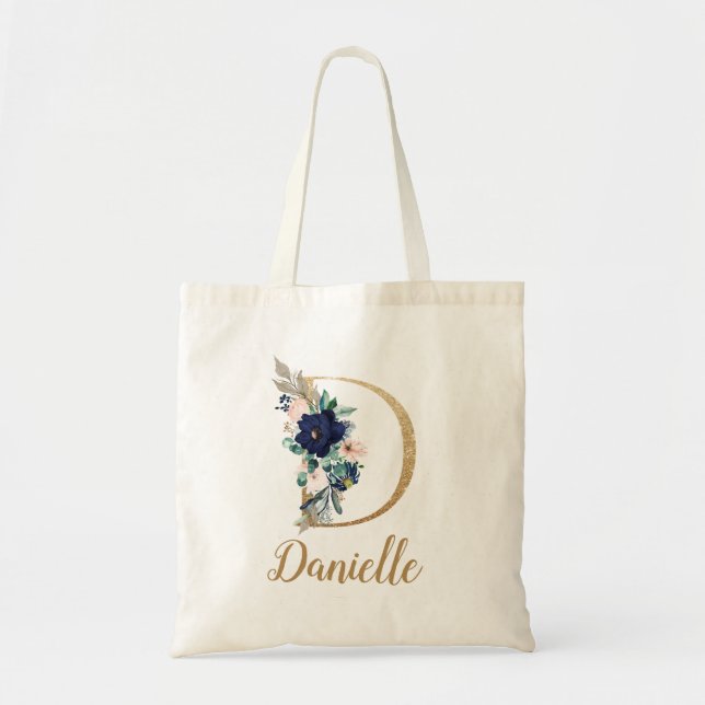 Tote Bag Blush Floral Bleu Marine Lettre D Or (Devant)