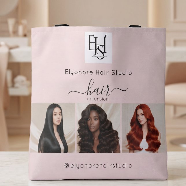 Tote Bag Blush Pink Script 3 Photo Logo QR Hair Extensions (Créateur téléchargé)