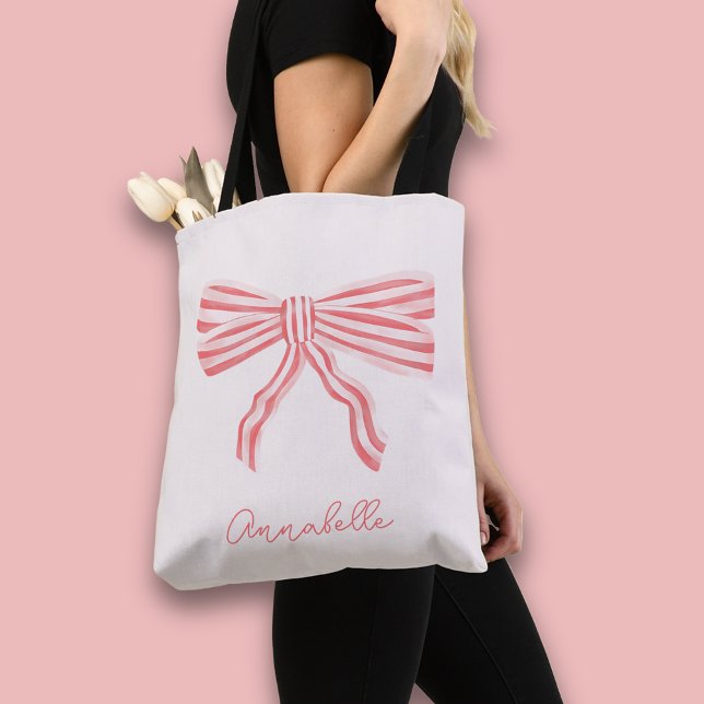 Tote Bag Blush rose esthétique Coquette & prénom (Coquette Pink bow tote bag, personalize with your own name or choice of text.)
