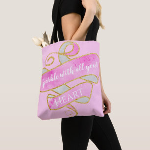 Tote Bag Blush Rose Pailleté Doré Paillettes Cœur Féminin
