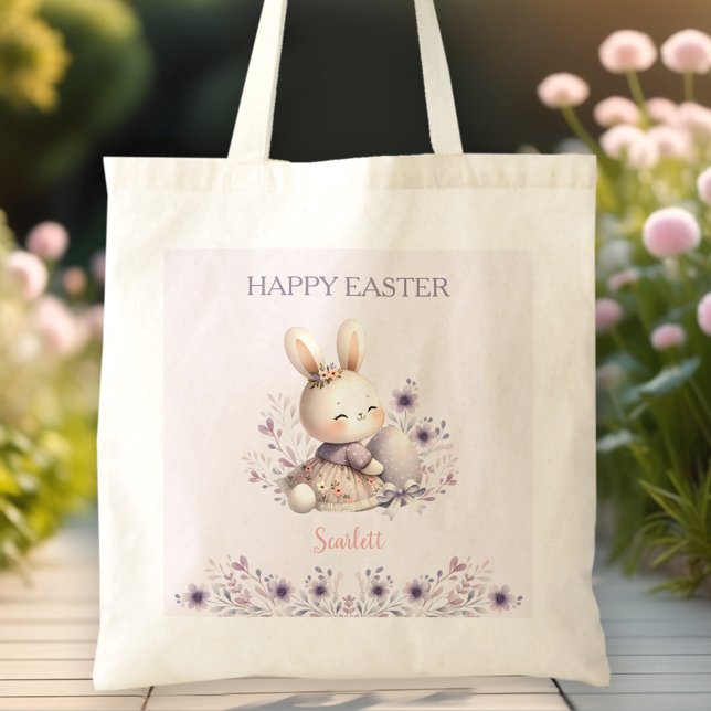 Tote Bag Boeuf mou pourpre Nom Floral Chasse aux oeufs Pâqu (Cute Bunny Purple Floral Name Egg Hunt Easter Tote Bag)