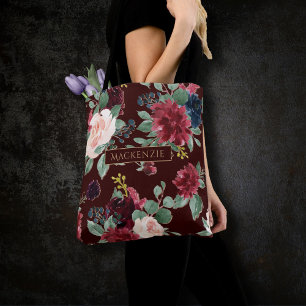Tote Bag Boho Bloom   Blush bordeaux foncé et monogramme de