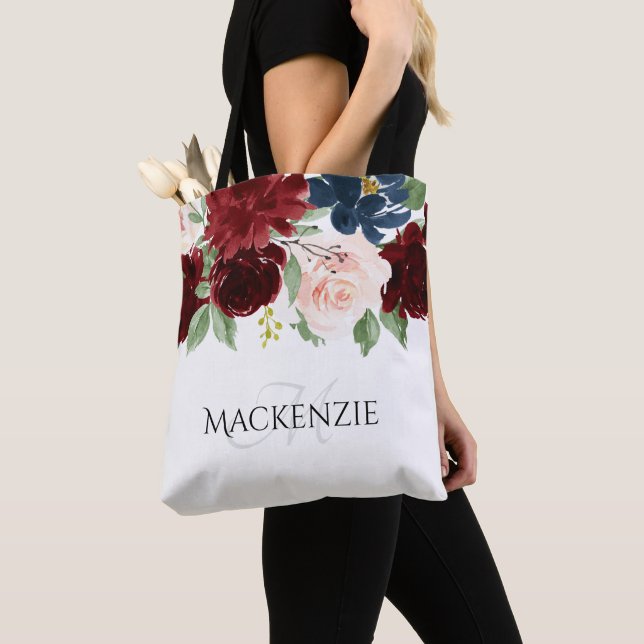 Tote Bag Boho Bloom | Burgundy Rouge et bleu marine Personn (De près)