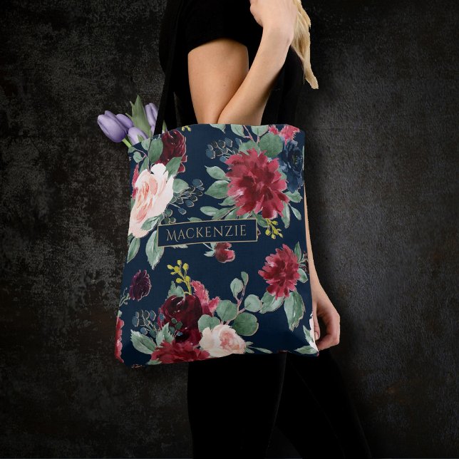 Tote Bag Boho Blooms | Coutume bleu marine foncé et bordeau (Créateur téléchargé)