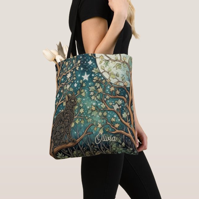 Tote Bag Boho chat ciel étoilé forêt de bois (De près)