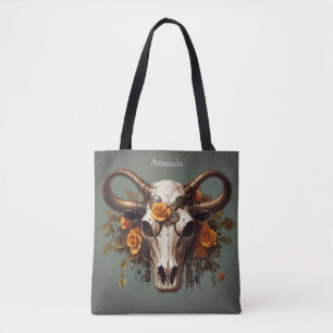 Tote Bag Boho Chic Aquarelle Steampunk Floral Vache Crâne