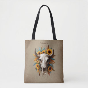 Tote Bag Boho Chic Aquarelle Tournesol Plumes Vache crâne
