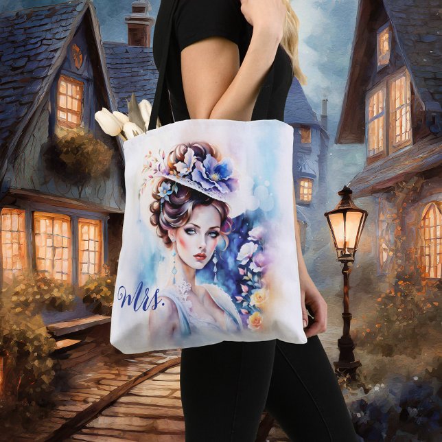 Tote Bag Boho Chic Artistic Aquarelle Mme Mariage (Elegant tote bag featuring a watercolor painting of chic lady wearing a hat with flowers - bride)