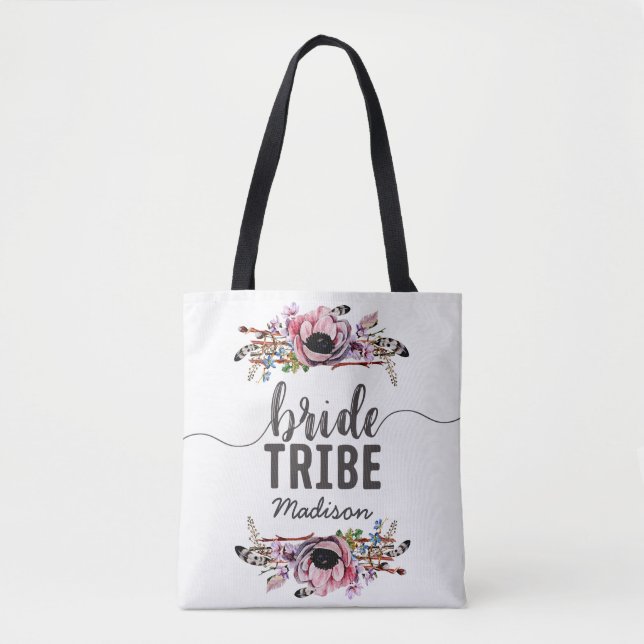 Tote Bag Boho Chic Blush rose Floral Bribe Tribu Monogramme (Devant)