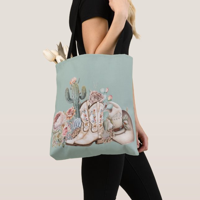 Tote Bag Boho désert cowgirl cowboy bottes de cowboy casque (De près)