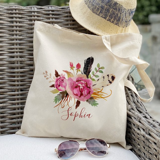 Tote Bag Boho floral et plume Demoiselles d'honneur Personn (Créateur téléchargé)