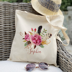 Tote Bag Boho floral et plumes Bridesmaid Personnalisé
