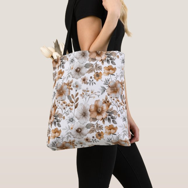 Tote Bag Boho Floral Gris Brown couleur neutre aquarelle (De près)