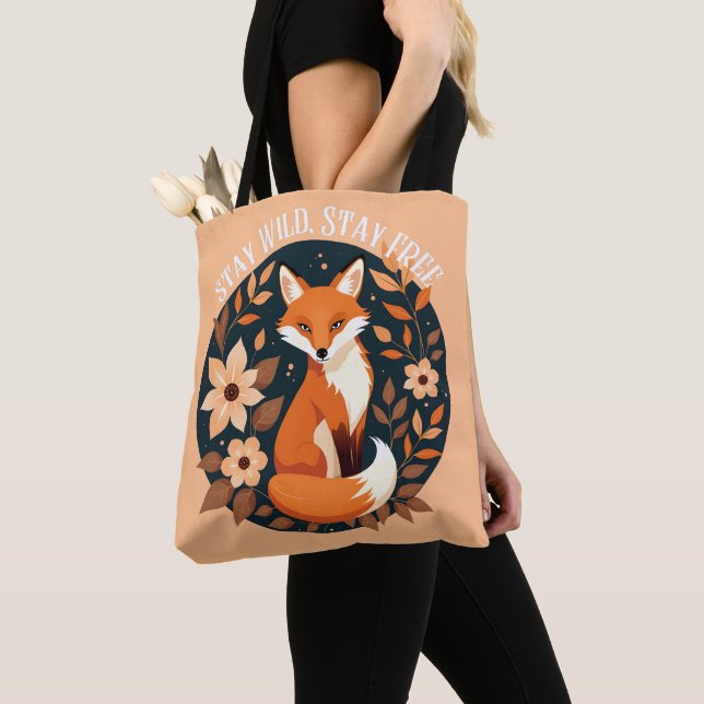 Tote Bag Boho Fox "Stay Wild, Stay Free" Woodland Design (De près)