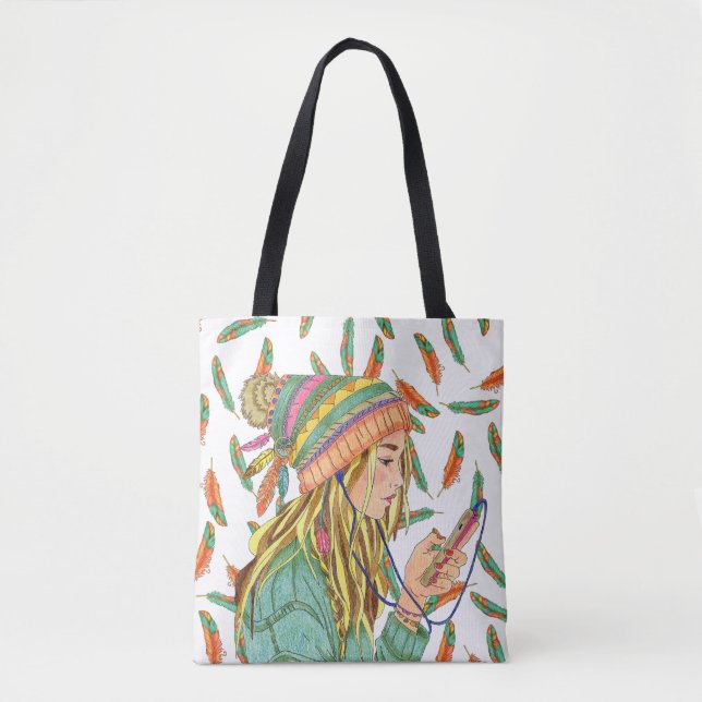 Tote Bag Boho Hat Girl Feather Tasche (Vorderseite)