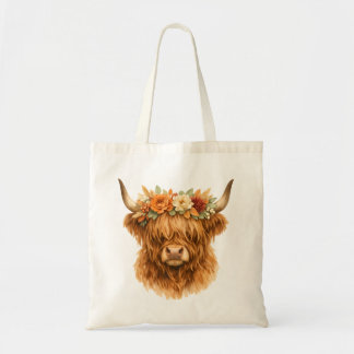 Tote Bag Boho Highland Cow Coussin de jet avec couronne flo