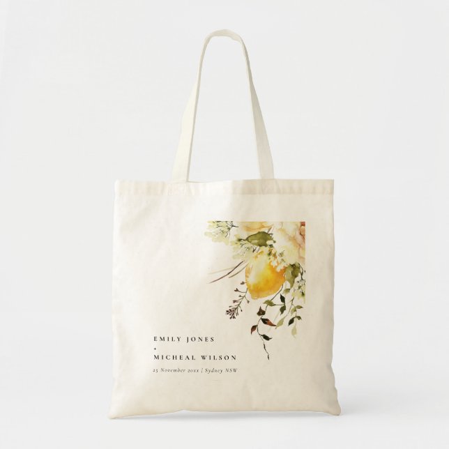 Tote Bag Boho Lemon Aquarelle jaune Mariage floral (Devant)