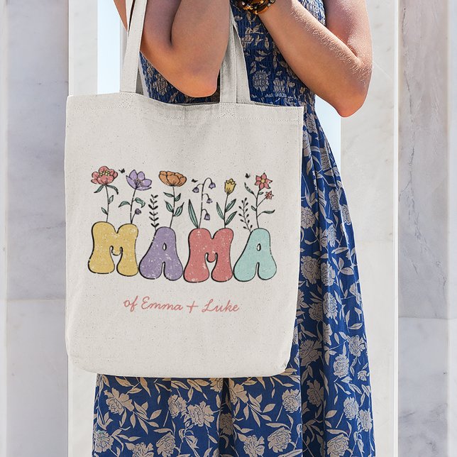 Tote Bag Boho Mama Texte avec Fleurs et Noms d'Enfants (Créateur téléchargé)