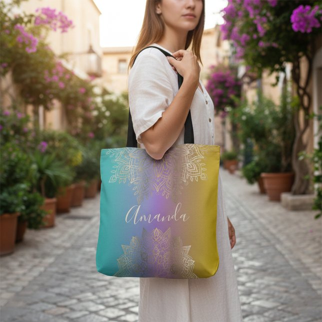 Tote Bag Boho Mandala Filigrane Arc-en-ciel Pastel Ombré Or (Créateur téléchargé)
