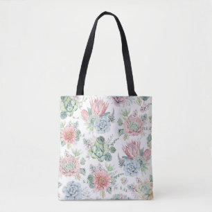 Tote Bag Boho Pastel Aquarelle Succulente Motif Floral