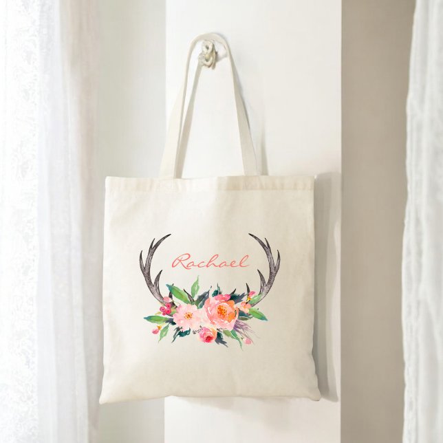 Tote Bag Boho Rustique Floral Antlers avec nom (Personalize with any name.)