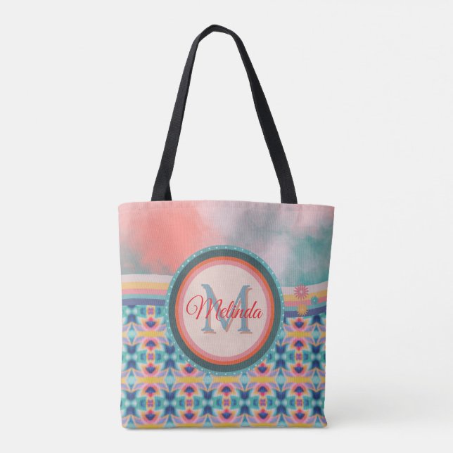 Tote Bag Boho Sky Turquoise, orange et Motif rose (Dos)