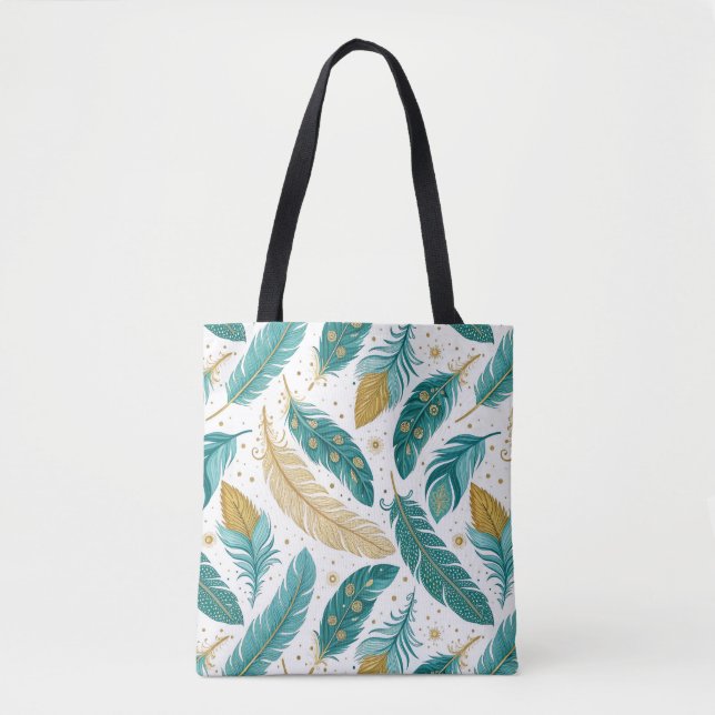 Tote Bag Boho Turquoise et or plumes (Devant)