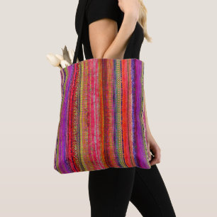 Tote Bag Boho Vintage Rouge Violet Rayures -