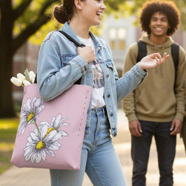 Tote Bag Boho Watercolor Daisy Floral Pink Christmas Gift