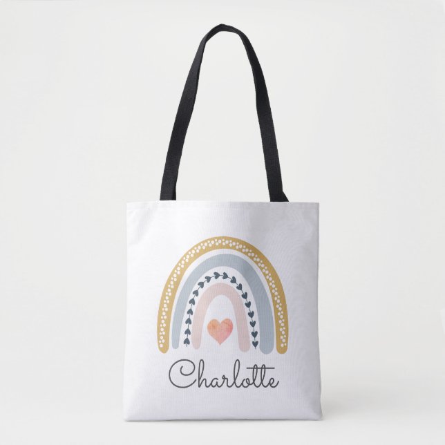 Tote Bag Boho Watercolor Rainbow Heart Name (Devant)