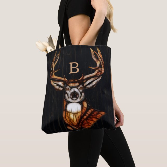 Tote Bag Bois de bois Cerf rustique Pays Monogramme unique (De près)