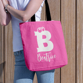 Tote Bag Bold fun typography monogram name pink white 