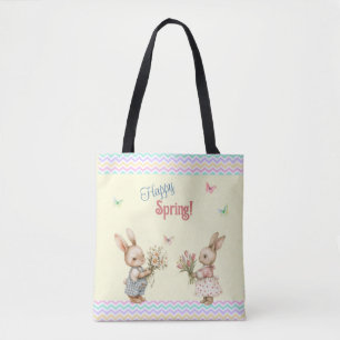 Tote Bag Bon Printemps ! Lapin Lapin Garçon Avec Fleurs
