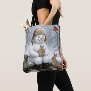 Tote Bag Bonhomme de neige dans les bois hivernaux avec des