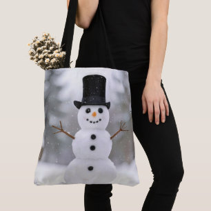 Tote Bag Bonhomme de neige heureux portant un chapeau haut