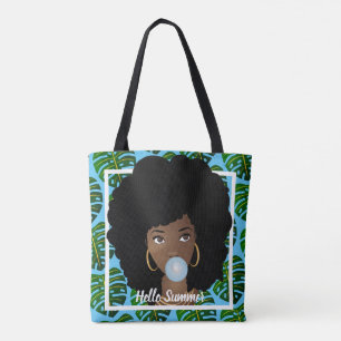 Tote Bag Bonjour été, Femme noire, Feuilles tropicaux, Bleu
