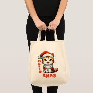 Tote Bag Bonjour Noël - Chat de Noël mignon en costume Père