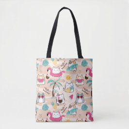 Tote Bag Bonjour Summer Beach Chat Surfer Kawaii Kitty
