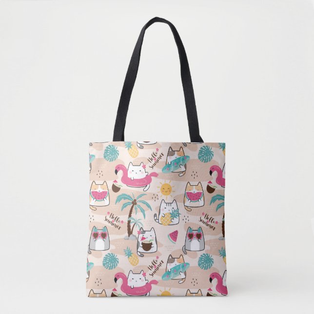 Tote Bag Bonjour Summer Beach Chat Surfer Kawaii Kitty  (Devant)