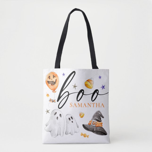 Tote Bag Boo Halloween Aquarelle Trace ou traitement blanc (Devant)