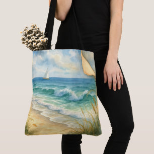 Tote Bag Bord de mer et voilier à l'aquarelle