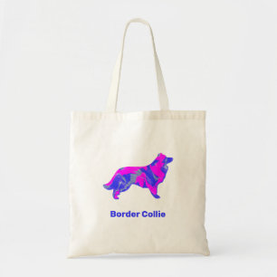 Tote Bag Bordure Collie Chien rose chaud et bleu Silhouette