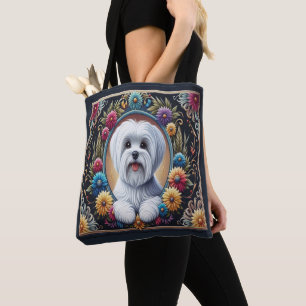 Tote Bag Bordure colorée et fleurie de chien maltais élégan