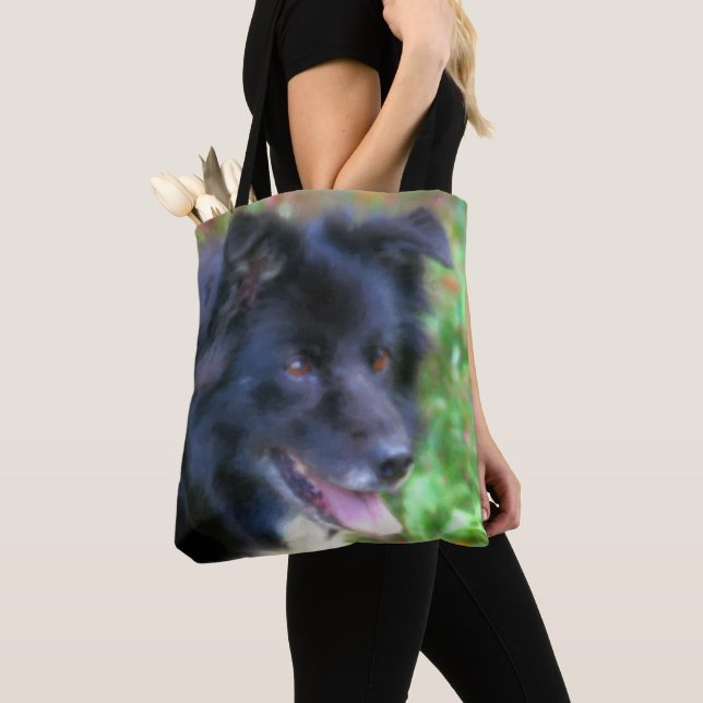 Tote Bag Bordure noire Collie Chien Art peinture photo (De près)