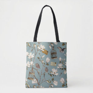 Tote Bag Bosquet de magnolias avec des hiboux en bleu œuf d