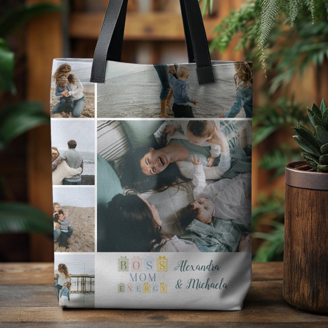 Tote Bag Boss Mom Energy Plaid Photo Collage (Créateur téléchargé)