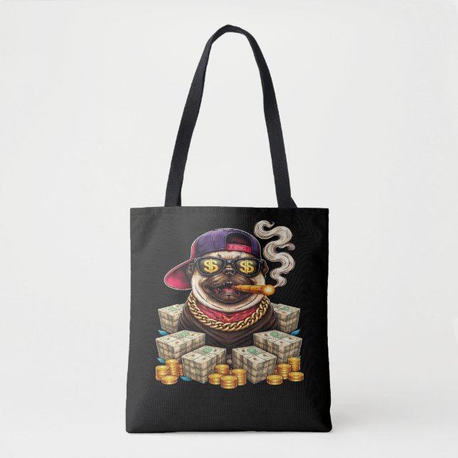 Tote Bag Boss Pug — Pug Bling avec Argent et Cigare" (Devant)